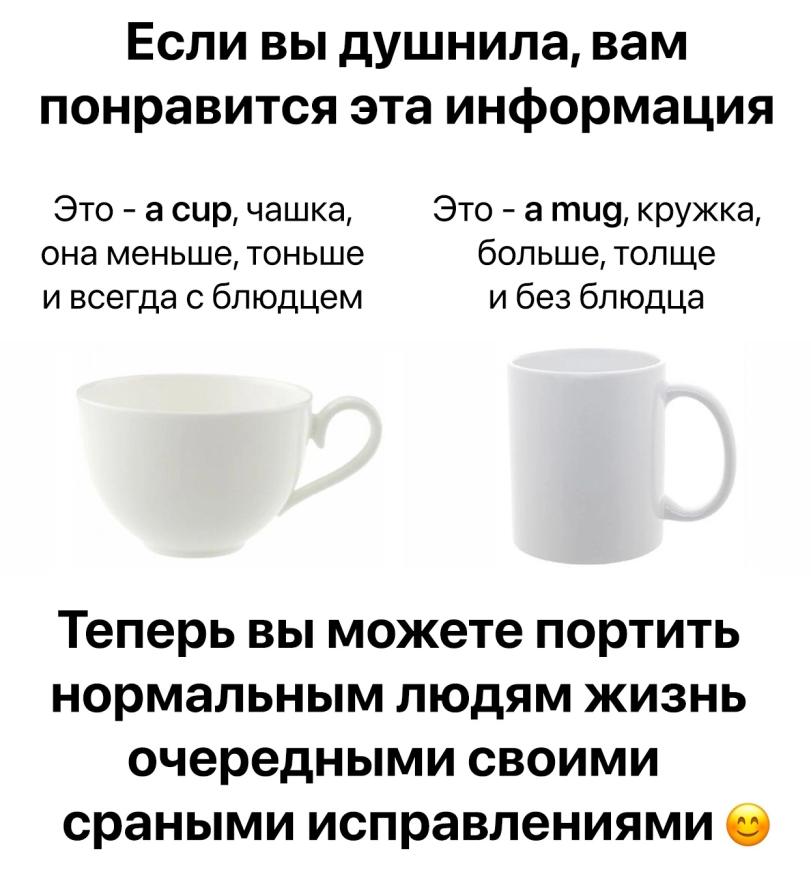 ﻿Если вы душнила, вам понравится эта информация Это - а сир, чашка, она меньше, тоньше и всегда с блюдцем Это - a mug, кружка, больше, толще и без блюдца Теперь вы можете портить нормальным людям жизнь очередными своими сраными исправлениями &,Буквы на белом фоне,Кружка,чашка,душнилы,душнильство