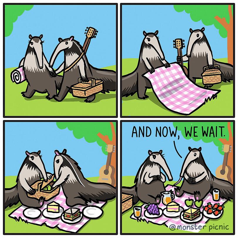﻿picnic,Смешные комиксы,веб-комиксы с юмором и их переводы,monster picnic,без перевода,муравьеды,засада,comics,monster picnic