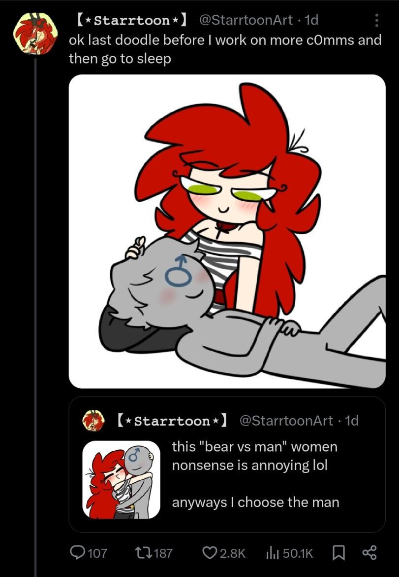 ﻿[*Starrtoon*] @StarrtoonArt • 1d : ok last doodle before I work on more cOmms and then go to sleep (^ [*Starrtoon*] @StarrtoonArt • 1d this "bear vs man" women nonsense is annoying lol anyways I choose the man Q107 11187 <?2.8K ild 50.1K |^| «£,Смешные комиксы,веб-комиксы с юмором и их