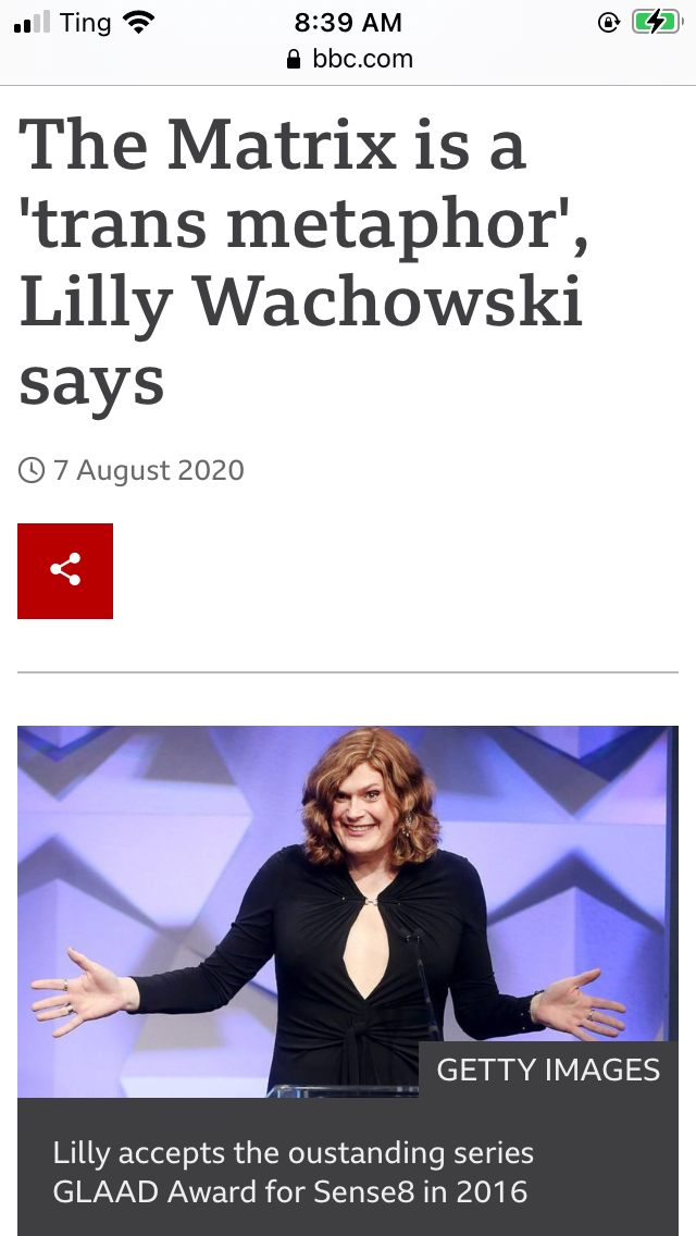 ﻿■ill Ting *9*8:39 AM a bbc.corr>The Matrix is a 'trans metaphor', Lilly Wachowski says© 7 August 2020,Матрица 4,вачовски,Матрица (фильм),Фильмы