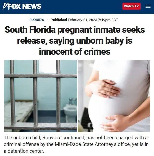 ﻿^FOX NEWS Watch TV FLORIDA Published February 21, 2023 7:49pm EST South Florida pregnant inmate seeks release, saying unborn baby is innocent of crimes The unborn child, Rouviere continued, has not been charged with a criminal offense by the Miami-Dade State Attorney’s office, yet is in a