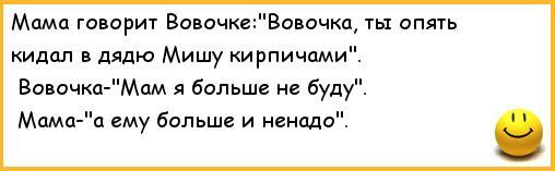 ﻿Мама говорит Вовочке:"Вовочка, ты опять кидал в дядю Мишу кирпичами". Вовочка-"Мам я больше не буду". Мама-"а ему больше и ненадо".,анекдоты,анекдоты про вовочку