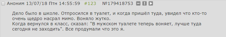 ﻿□ Аноним 13/07/18 Птн 14:55:59 #123 №179418753 О О □ Дело было в школе. Отпросился в туалет, и когда пришёл туда, увидел что кто-то очень щедро насрал мимо. Воняло жутко. Когда вернулся в класс, сказал: "В мужском туалете теперь воняет, лучше туда сегодня не заходить". Все продумали что это