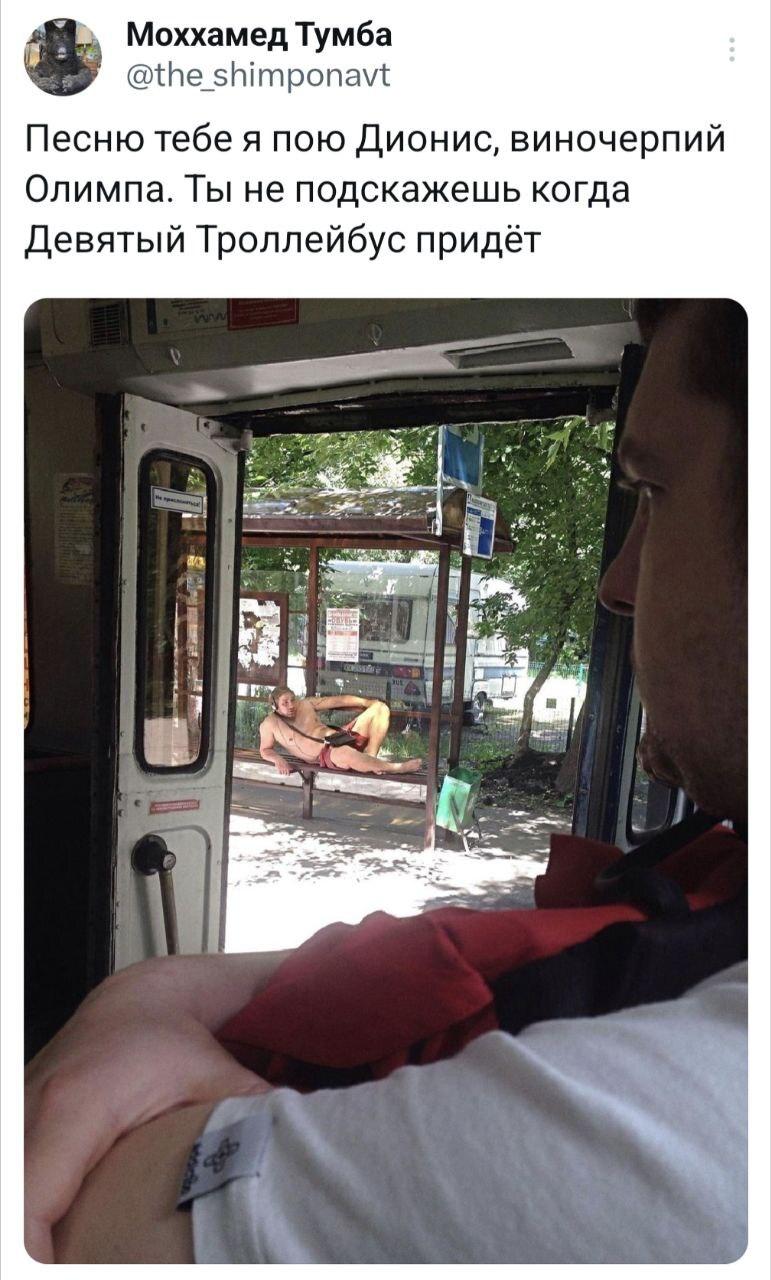﻿Моххамед Тумба @the_sh¡mponavt Песню тебе я пою Дионис, виночерпий Олимпа. Ты не подскажешь когда Девятый Троллейбус придёт • • •,дионис,твиттер,интернет,остановка,случайный ренессанс