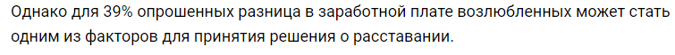 ﻿Однако для 39% опрошенных разница в заработной плате возлюбленных может стать одним из факторов для принятия решения о расставании.,женщины,мужчины,зарплата,статистика,новости