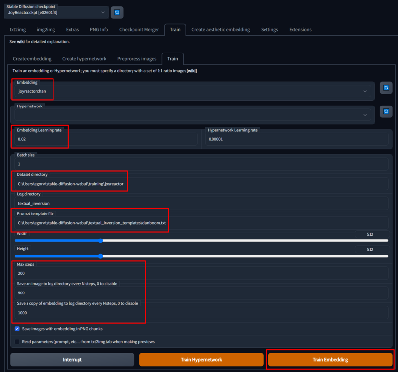 ﻿Stable Diffusion checkpoint JoyReactor.ckpt [e02601f3] txt2img img2img Extras PNG Info Checkpoint Merger Train Create aesthetic embedding Settings Extensions See wiki for detailed explanation. r \ Create embedding Create hypernetwork Preprocess images Train Train an embedding or Hypernetwork;