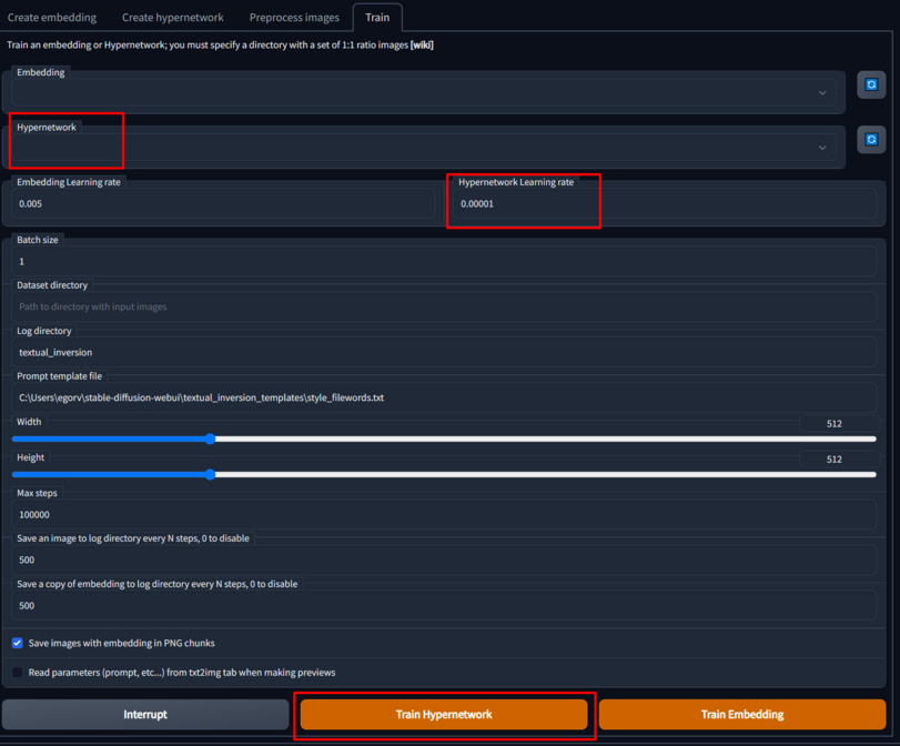 ﻿Create embedding Create hypernetwork Preprocess images Train Train an embedding or Hypernetwork; you must specify a directory with a set of 1:1 ratio images [wiki] Batch size 1 Dataset directory Path to directory with input images Log directory textualjnversion Prompt template file