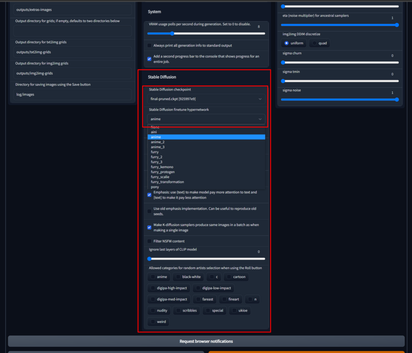 ﻿outputs/extras-i mages Output directory for grids; if empty, defaults to two directories below Output directory for txt2img grids outputs/txt2img-grids Output directory for img2img grids outputs/img2img-grids Directory for saving images using the Save button log/images System VRAM usage