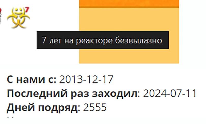 ﻿7 лет на р юакторе безвылазно С нами с: 2013-12-17 Последний раз заходил: 2024-07-11 Дней подряд: 2555,реактор