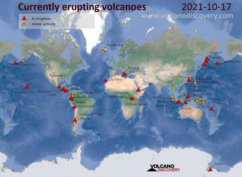 ﻿Currently erupting volcanoes2021-10-17Á : in eruption	A : minor activity	Kilaueai;A__ Reventador jy Sangay—SabancayaNevados de Chillan | ^V, llamenShivcluch Karymsky. ^^SjsmlSopoch EbekoSuwanose-jimaDukeffio1/ Ibu KadwarBacana-----& ■ «PeJjol lr^lh : V j4' '■№' d