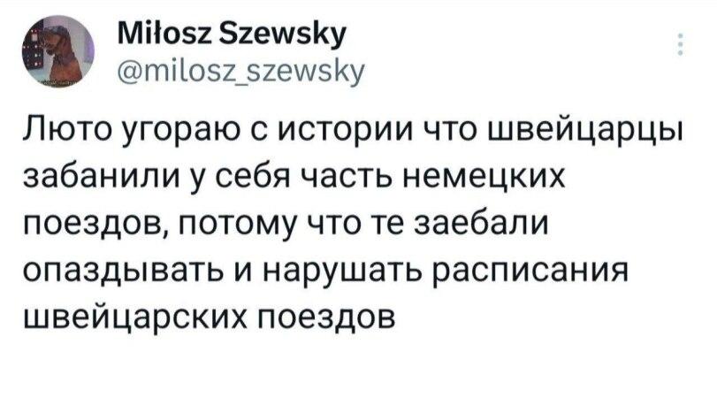 ﻿МНоэг 52ешвку : @m¡losz_szewsky Люто угораю с истории что швейцарцы забанили у себя часть немецких поездов, потому что те заебали опаздывать и нарушать расписания швейцарских поездов,скриншот,twitter,интернет,поезда,Буквы на белом фоне