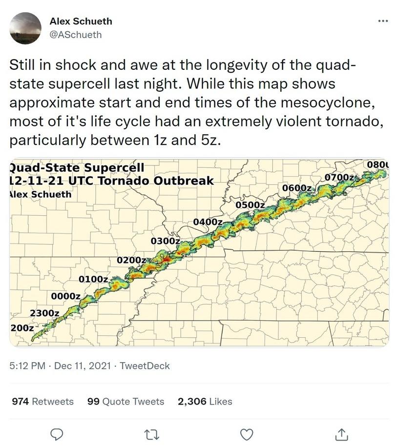 ﻿Alex Schueth@ASchuethStill in shock and awe at the longevity of the quad-state supercell last night. While this map shows approximate start and end times of the mesocyclone, most of it's life cycle had an extremely violent tornado, particularly between 1z and 5z.}uad-State Supercell L2-11-21