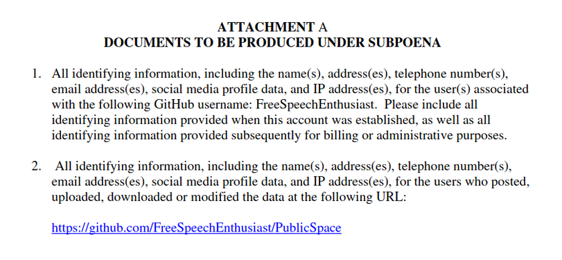 ﻿ATTACHMENT A DOCUMENTS TO BE PRODUCED UNDER SUBPOENA 1. All identifying information, including the name(s), address(es), telephone number(s), email address(es), social media profile data, and IP address(es), for the user(s) associated with the following GitHub username: FreeSpeechEnthusiast.