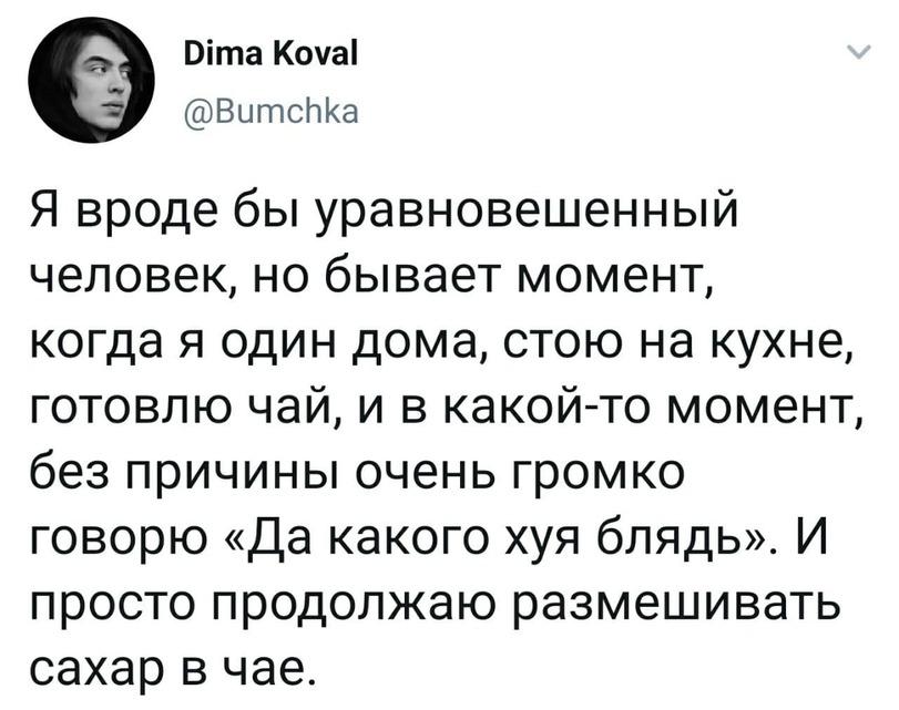 ﻿Dima Koval @Bumchka V Я вроде бы уравновешенный человек, но бывает момент, когда я один дома, стою на кухне, готовлю чай, и в какой-то момент, без причины очень громко говорю «Да какого хуя блядь». И просто продолжаю размешивать сахар в чае.,твиттер,интернет,какого хуя