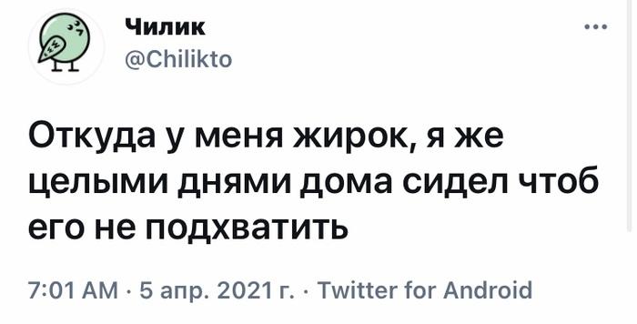 ﻿Чилик @СММ№о Откуда у меня жирок, я же целыми днями дома сидел чтоб его не подхватить 7:01 АМ • 5 апр. 2021 г. • ТумПегУ Апс!го1с1,юмор,юмор в картинках,скриншот,twitter,интернет,лишний вес