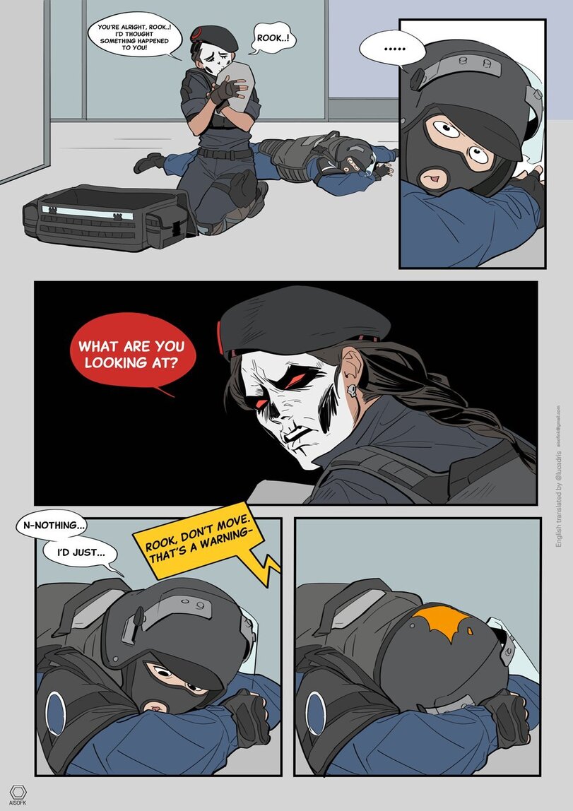 ﻿YOU'RE ALRIGHT. ROOK..! I'D THOUGHT SOMETHING HAPPENED ROOK. N-NOTHING I'D JUST. WHAT ARE YOU LOOKING AT? AISOFK English translated by @lucadris,AISOFK,Caveira (R6S),Rainbow Six Siege,Rainbow Six,Игры,Rook (R6S),Смешные комиксы,веб-комиксы с юмором и их переводы