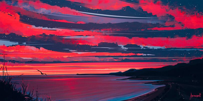 Aenami,Alena Aenami, Alena Velichko, Алёна Величко,artist,красивые картинки,art,арт,рабочий стол,обои,большой размер по клику,сборник,длиннопост,очень длиннопост,дикие кошки,Mushishi,пейзаж,горы,закат,силуэт,зима,горизонт,солнце,туман,статуя,могила,неон,искажение,снег,облака,Современное