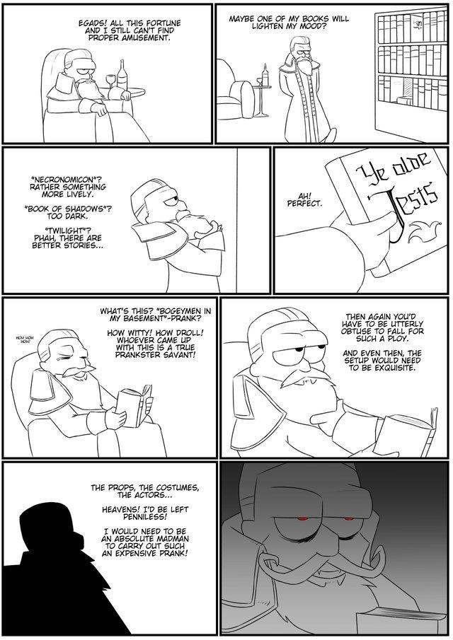 ﻿WHAT'S THIS? *800EYMEN IN MY BASEMENT'-PRANK? THE PROPS, THE COSTUMES, THE ACTORS... HEAVENS/ I'P BE LEFT PENNILESS/ I WOULP NEEP TO BE AN ABSOLUTE MAPMAN TO CARRY" OUT SUCH AN EXPENSIVE PRANK/,Ancestor (DD),Darkest Dungeon,Игры,DD comics