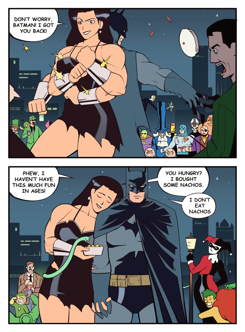 ﻿PHEW, I HAVEN'T HAVE THIS MUCH FUN IN AGES! j YOU HUNGRY? I BOUGHT SOME NACHOS I DON'T EAT NACHOS,BoonieBaby,artist,BoonieBaby6,DC Comics,DC Universe, Вселенная ДиСи,фэндомы,Batman,Бэтмен, Темный рыцарь, Брюс Уэйн,Wonder Woman,Чудо Женщина, Диана Принс, Принцесса Диана из Фемискиры