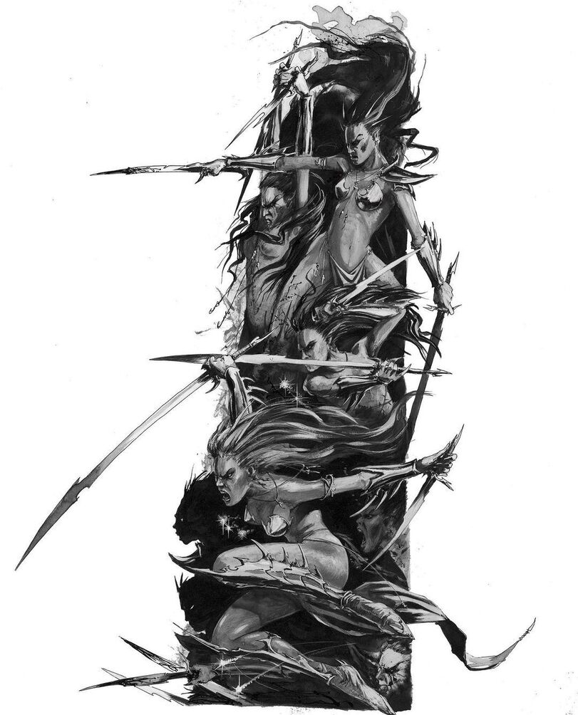 Dark Elves,Warhammer Fantasy,Warhammer FB,фэндомы,Morathi,Malekith,Witch Elves,Dreadlord (Wh FB),Sorceress (Wh FB),Dark Elf Warriors,Malus Darkblade,Cold One Knights,David Gallagher,artist