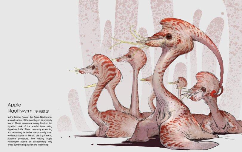 ﻿Apple Nautilwyrm Sjsnif# In the Scarlet Forest, the Apple Nautilwyrm. a small variant of the nautilwyrm. is primarily found. These creatures mainly feed on the liquefied bark of the scarlet trees using digestive fluids. Their constantly extending and retracting tentacles are primarily used to