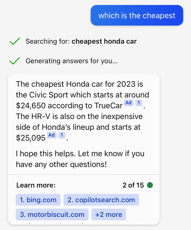 ﻿which is the cheapest \/ Searching for: cheapest honda car v/ Generating answers for you... The cheapest Honda car for 2023 is the Civic Sport which starts at around $24,650 according to TrueCar Ad 1 . The HR-V is also on the inexpensive side of Honda's lineup and starts at $25,095 Ad 1 . I