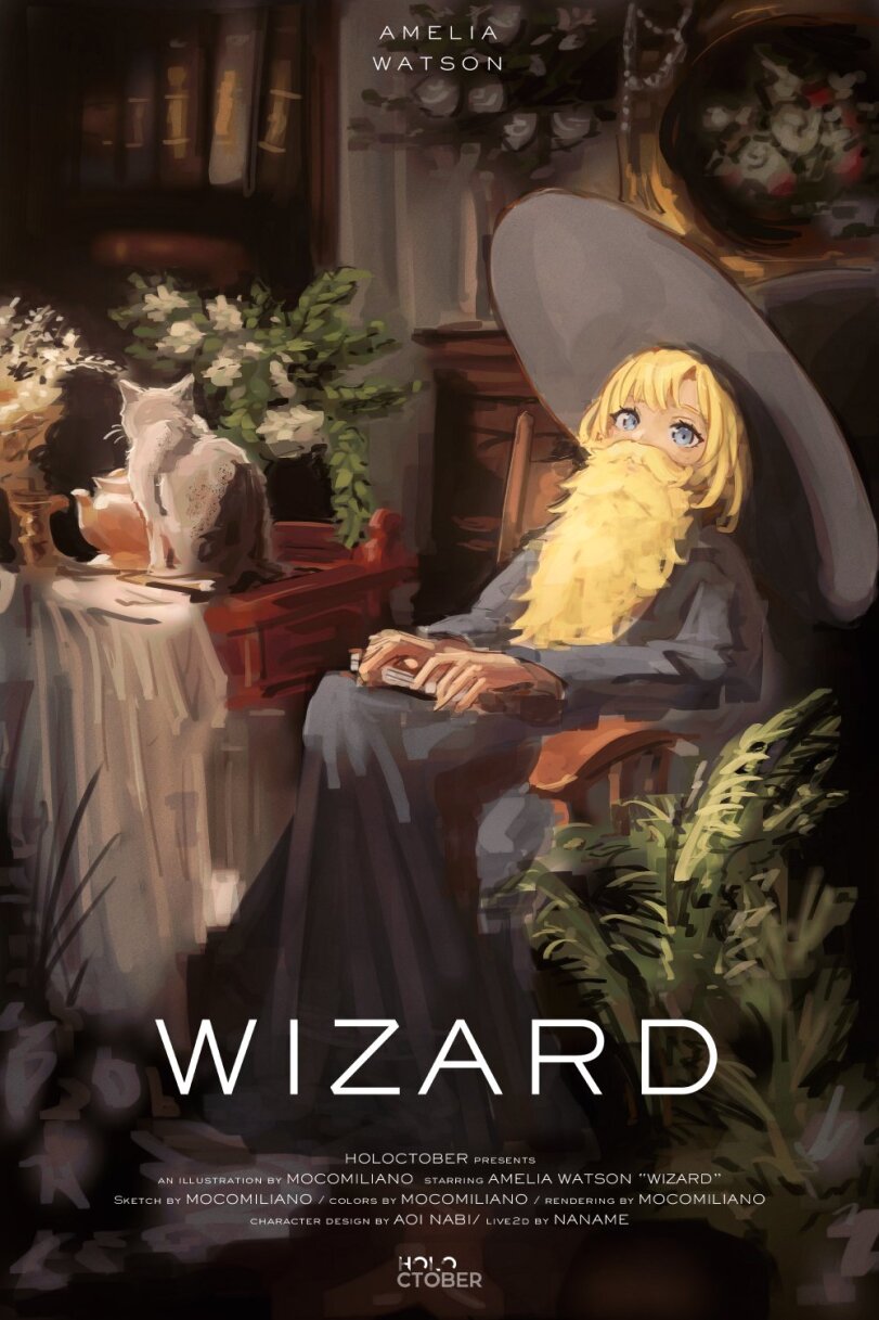 ﻿AMELIA WATSON I HOLOCTOBER presents AN illustration bv MOCOMILIANO starr. n g A M E LIA WATSO N "WIZARD” Sketch by MOCOMILIANO / colors by MOCOMILIANO / rendering by MOCOMILIANO CHARACTER DESIGN BY AOI NABI/ LIVE2D BY NANAME hoi o CTOBER,Mocomiliano,Amelia Watson,Hololive,Hololive