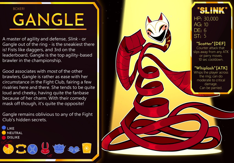 ﻿BOXER! GÄNGLE A master of agility and defense, Slink - or Gangle out of the ring - is the sneakiest there is! Fists like daggers, and 3rd on the leaderboard, Gangle is the top agility-based brawler in the championship. Good associates with most of the other brawlers, Gangle is rather as ease