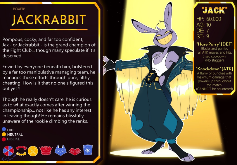 ﻿BOXER! JACKRABBIT Pompous, cocky, and far too confident, Jax - or Jackrabbit - is the grand champion of the Fight Club... though many speculate if it's deserved. Envied by everyone beneath him, bolstered by a far too manipulative managing team, he manages these efforts through pure, filthy