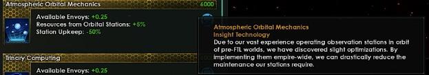﻿Atmospheric Orbital Mechanics Insight technology Doe to oor vast experience operating observation stations in orbit of pre-FTl worlds, we have discovered slight optimizations. By implementing them empire-wide, we can drastically reduce the maintenance oor stations