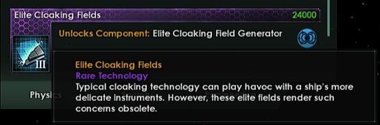 ﻿Physl :ing Fields 24000'' Unlocks Component: Elite Cloaking Field Generator I Elite Cloaking Fields Rare Technology Typical cloaking technology can play havoc with a ship's more delicate instruments. However, these elite tields render such concerns obsolete.,Stellaris,Игры,Stellaris Dev Diary