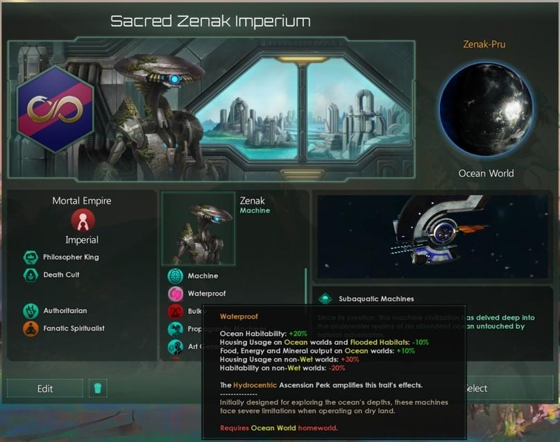 Stellaris Dev Diary,Stellaris,Игры @(3 ©OSacred Zenak ImperiumZenak-PruOcean WorldMortal EmpireAImperialPhilosopher King Death CultAuthoritarian Fanatic SpiritualistEdit tm Machine (^^ WaterproofZenakMachineSubaquatic MachinesBulkÇl PropArt«WaterproofOcean HabitabiBty. *20%Housing Usage on