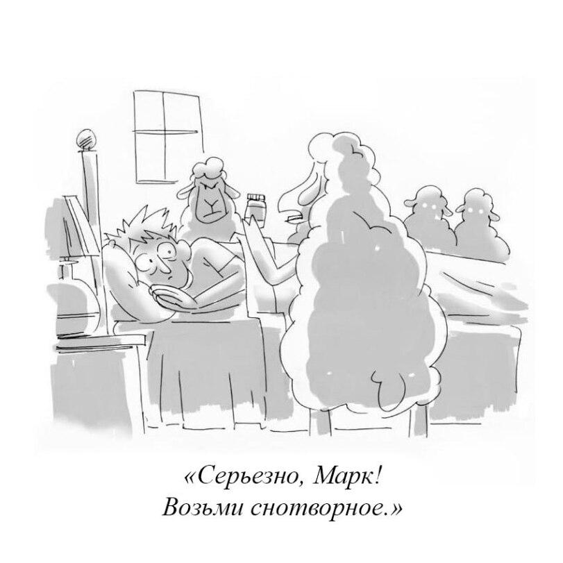 ﻿«Серьезно, Марк! Возьми снотворное.»,The New Yorker,карикатура,бессонница,овцы