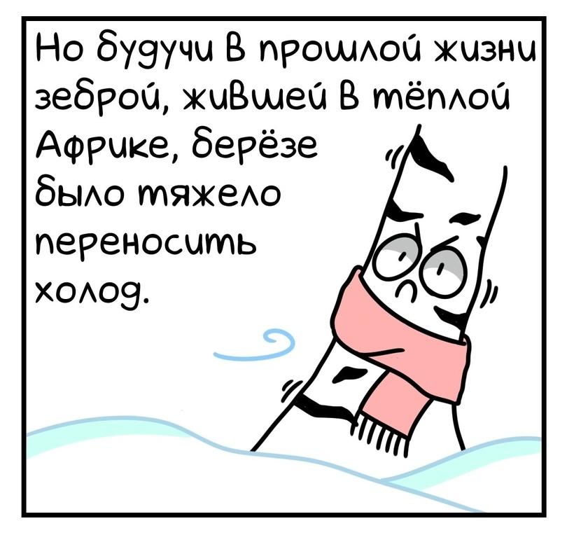 ﻿Но будучи В прошлой жизни зеброй, жиВшей В тёплой Африке, берёзе было тяжело переносить холод.,Woostar,artist,Смешные комиксы,веб-комиксы с юмором и их переводы,Зебра,береза,дерево