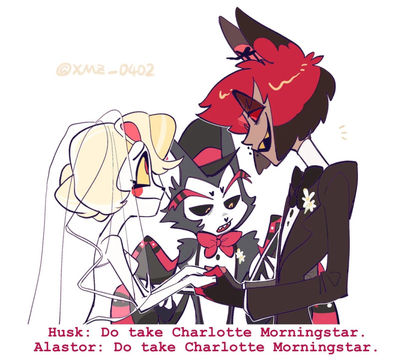 ﻿Husk: Do take Charlotte Morningstar. Alastor: Do take Charlotte Morningstar.,XMZ_0402,Alastor (Hazbin Hotel),Hazbin Hotel,VivzieVerse,фэндомы,Charlie (Hazbin Hotel),Husk (Hazbin Hotel),shipping