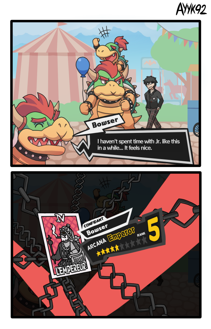 amamiya ren,Persona,Игры,Persona 5,Bowser,Марио,Princess Peach,crossover,Bowser Jr.
