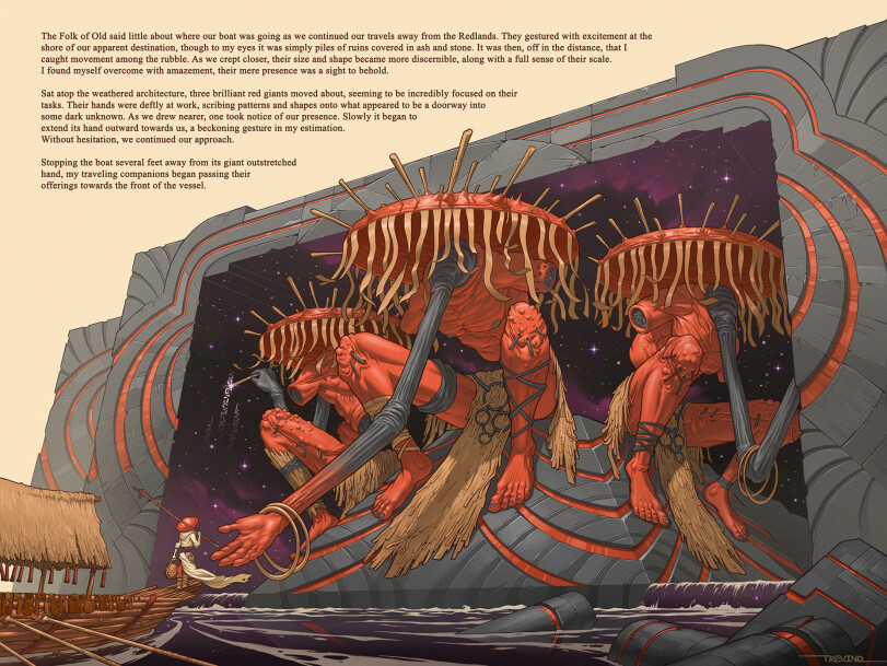 ﻿The Folk of Old said little about where our boat was going as we continued our travels away from the Redlands. They gestured with excitement at the shore of our apparent destination, though to my eyes it was simply piles of ruins covered in ash and stone. It was then, off in the distance, that I