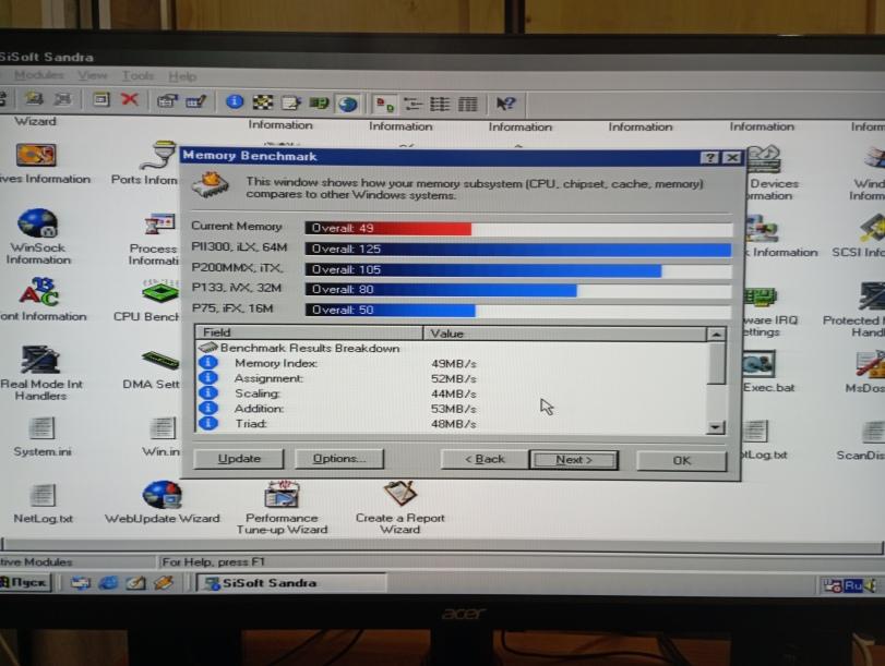 ﻿Wizard m x I Eg Eg I <s WinSock Information A ont Information Real Mode Int Handlers System, ini I nf ormation Information Information Information Memory Benchmark ¡ves Information Ports Inforn NetLog_txt This window shows how your memory subsystem (CPU. chipset, cache, memory)