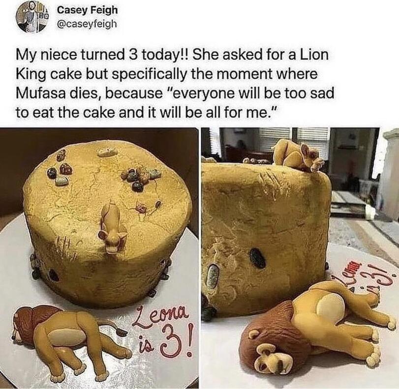 ﻿(0j'iBa CaseV Fe'9h #!jr @caseyfeigh My niece turned 3 today!! She asked for a Lion King cake but specifically the moment where Mufasa dies, because "everyone will be too sad to eat the cake and it will be all for me.",lion king,Дисней,Disney,Мультфильмы,Мультсериалы, Cartoons,Прикольные