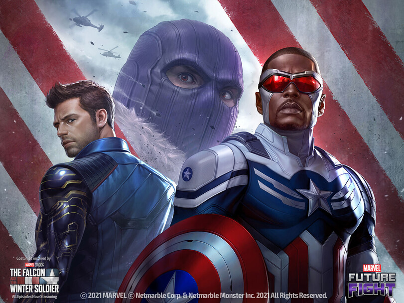 ﻿* Costuftpfinsfiired by Mi f i* MAUVE STUDIOS THE FALCON A -WINTER SOLDO i ~i i *W \* 1 f, MARVEL FUTl№§ All Episodes Now Streaming © 2021MARVEL © Netmarble Corp. a Netmarble Monster Inc 202j All Rights Reserved.,the falcon and the winter soldier,Marvel,Вселенная Марвел,фэндомы,Marvel Cinematic