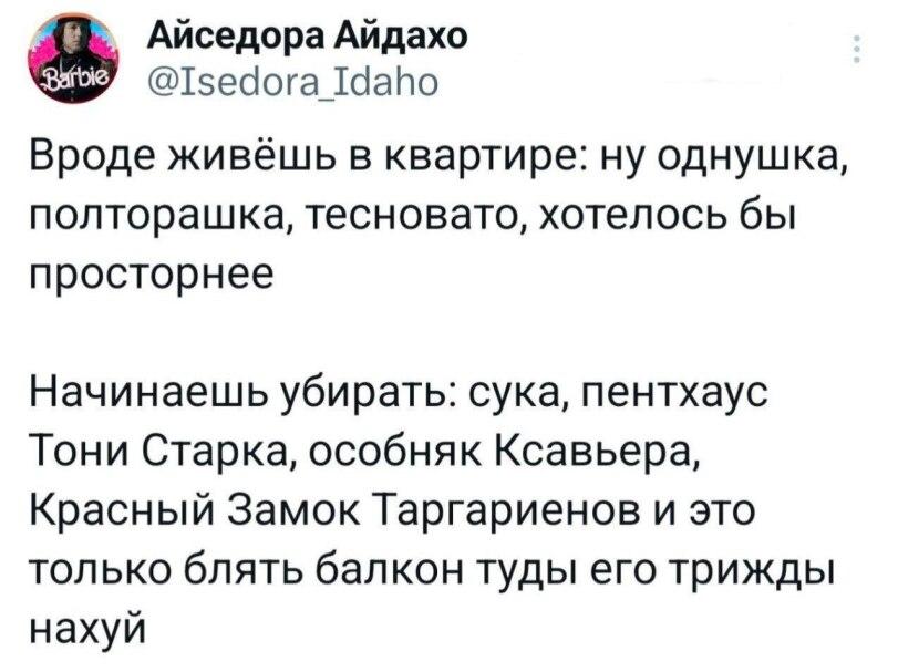 ﻿Айседора Айдахо @Isedora Idaho Вроде живёшь в квартире: ну однушка, полторашка, тесновато, хотелось бы просторнее Начинаешь убирать: сука, пентхаус Тони Старка, особняк Ксавьера, Красный Замок Таргариенов и это только блять балкон туды его трижды нахуй,twitter,интернет,картинки с