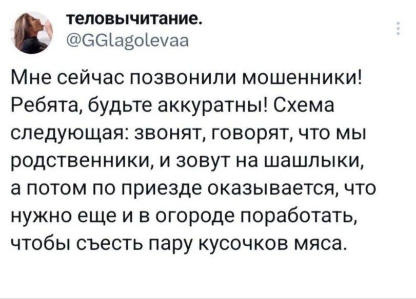 ﻿теловычитание. @СС1^о1еуаа Мне сейчас позвонили мошенники! Ребята, будьте аккуратны! Схема следующая: звонят, говорят, что мы родственники, и зовут на шашлыки, а потом по приезде оказывается, что нужно еще и в огороде поработать, чтобы съесть пару кусочков мяса.,twitter,интернет,майские