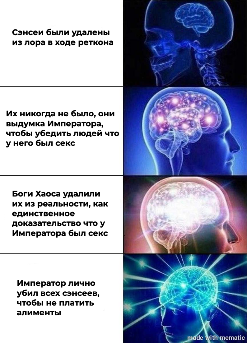 ﻿Сэнсеи были удалены из лора в ходе реткона Их никогда не было, они выдумка Императора, чтобы убедить людей что у него был секс Боги Хаоса удалили их из реальности, как единственное доказательство что у Императора был секс Император лично убил всех сэнсеев, чтобы не платить алименты,wh humor,Wh