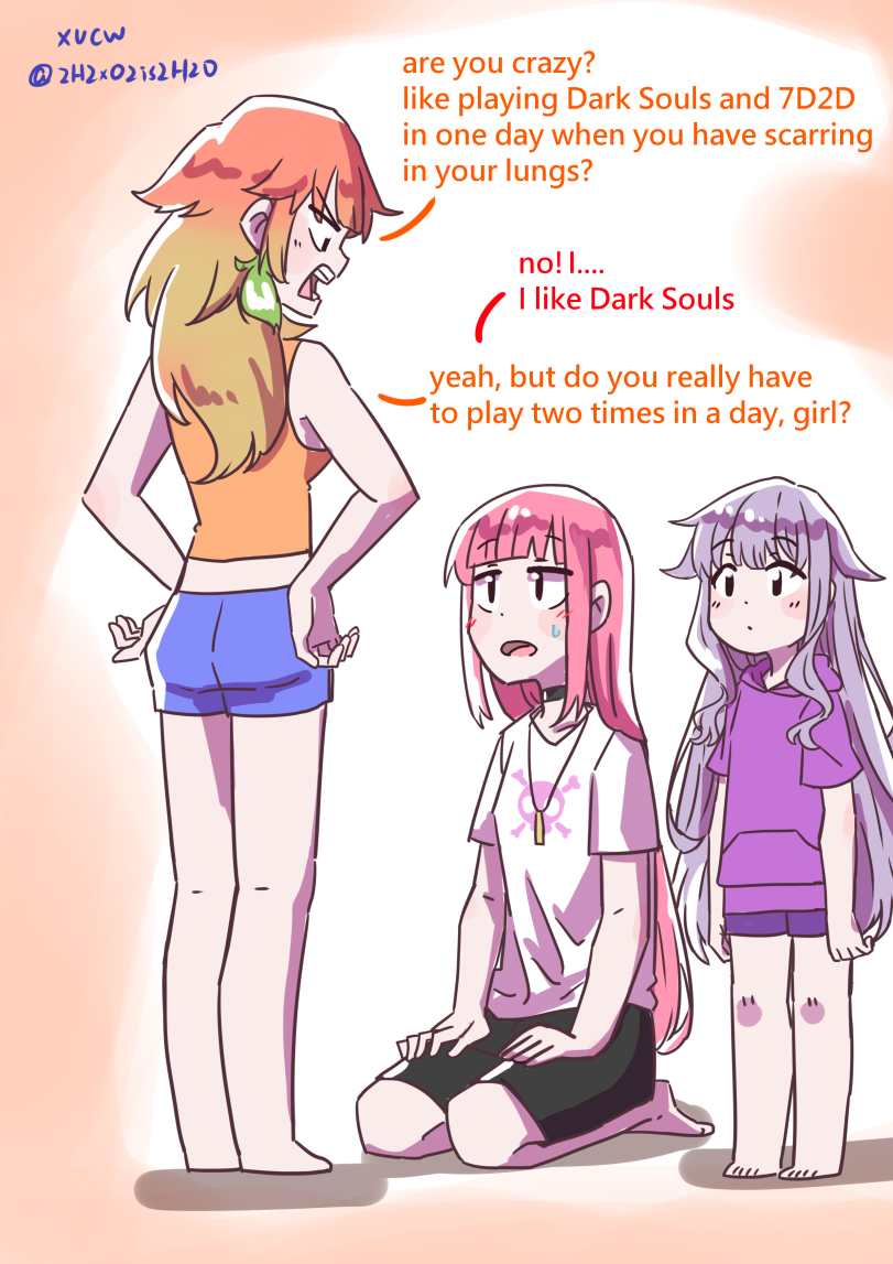﻿xucv are you crazy? like playing Dark Souls and 7D2D in one day when you have scarring in your lungs? ( no! I.... I like Dark Souls yeah, but do you really have to play two times in a day, girl? />///,xu chin-wen,Takanashi Kiara,Таканаши Киара,Hololive,Hololive Production, Хололайв,Virtual