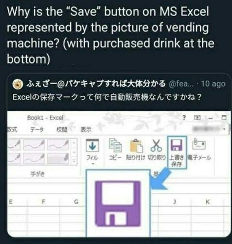 ﻿Why is the "Save" button on MS Excel represented by the picture of vending machine? (with purchased drink at the bottom) © *{*»*'« @fea... 10 ago Excel©«???—? -3Tfrc-£»«5Sl*fc A,T-T fc'fe ?