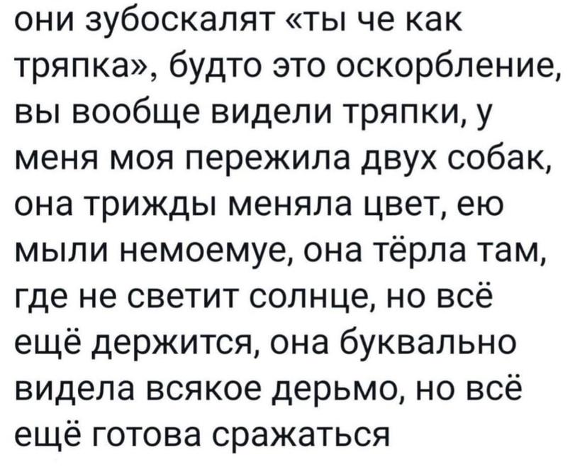 ﻿они зубоскалят «ты че как тряпка», будто это оскорбление, вы вообще видели тряпки, у меня моя пережила двух собак, она трижды меняла цвет, ею мыли немоемуе, она тёрла там, где не светит солнце, но всё ещё держится, она буквально видела всякое дерьмо, но всё ещё готова сражаться