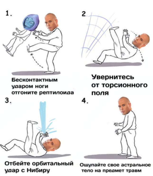 ﻿ударом ноги отгоните рептилоида Отбейте орбитальный удар с Нибиру Увернитесь от торсионного поля Ошупайте свое астральное тело на предмет травм