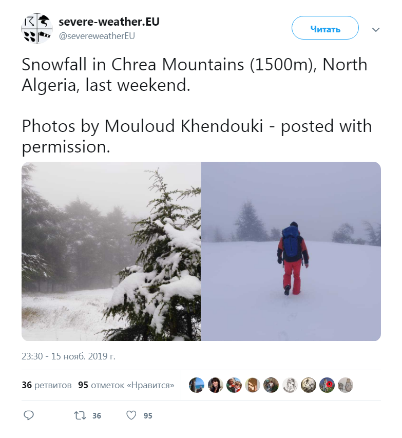 Африка,марокко,страны,первый снег,Алжир severe-weather.EU (cpsevereweatherEU Читать Snowfall in Chrea Mountains (1500m), North Algeria, last weekend. Photos by Mouloud Khendouki - posted with permission. 23:30 - 15 нояб. 2019 г. 36 ретвитов 95 отметок «Нравится» о 11 36 О 95,Африка,марокко,страны,первый снег,Алжир