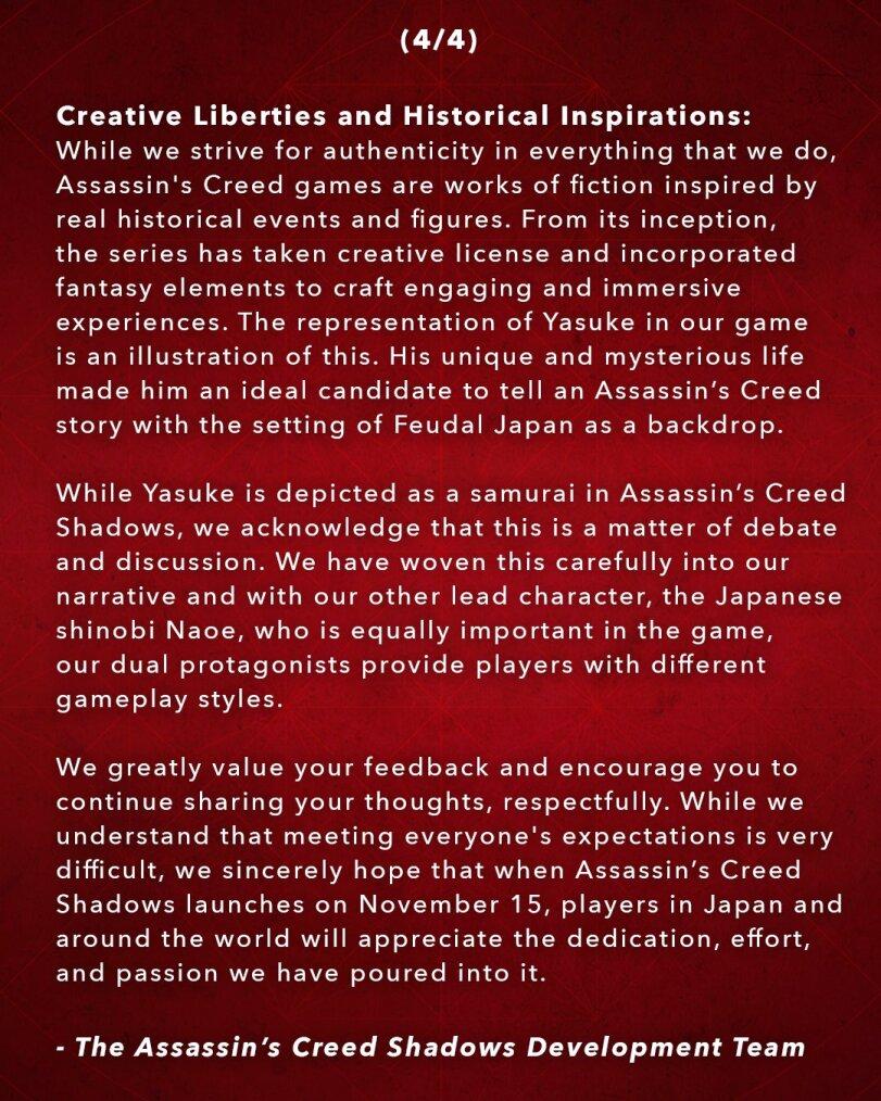 ﻿(4/4)Creative Liberties and Historical Inspirations:While we strive for authenticity in everything that we do, Assassin's Creed games are works of fiction inspired by real historical events and figures. From its inception, the series has taken creative license and incorporated fantasy elements