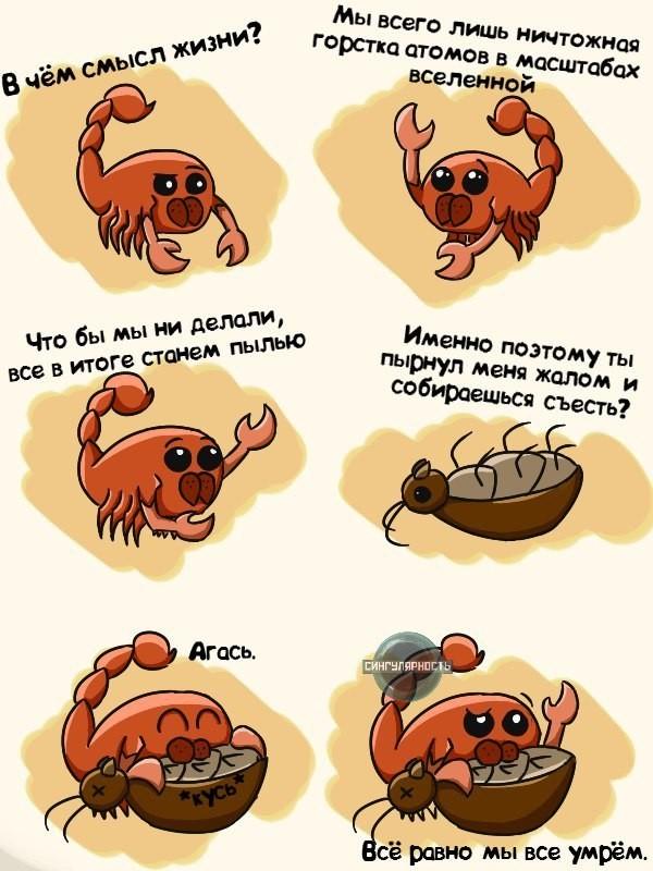 ﻿Мы всего лишь ничтожное горстка атомов в масштабах вселеннойИменно поэтому ты пырнул меня жалом и собираешься съесть?,Смешные комиксы,веб-комиксы с юмором и их переводы,смысл жизни,кусь,кусь-кусь,сингулярность